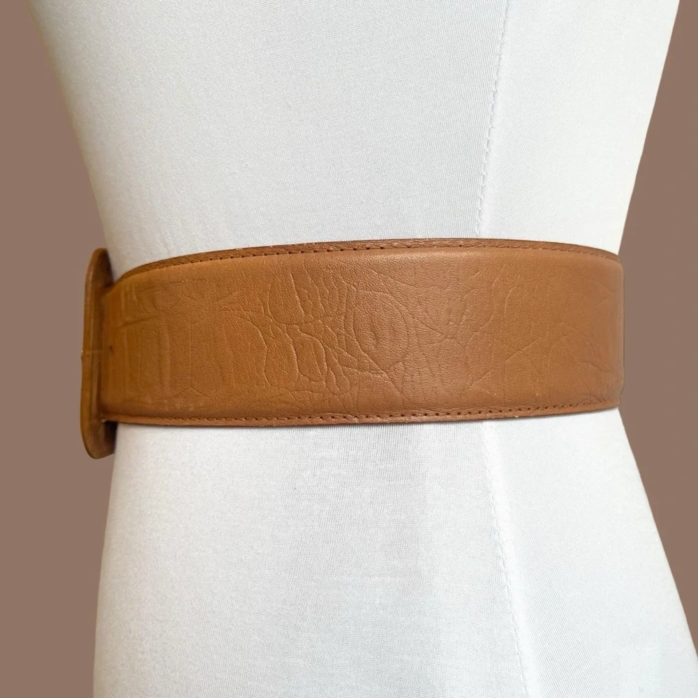 Wide Leather Belt Vintage Brown Croc Embossed Oversized Square Buckle Size S/M